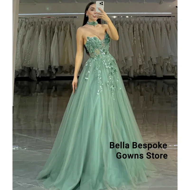 

Customized Green Sequins Strapless A-line Prom Dresses Mesh Fabric vestidos de noche Floor-Length Formal Evening 2025