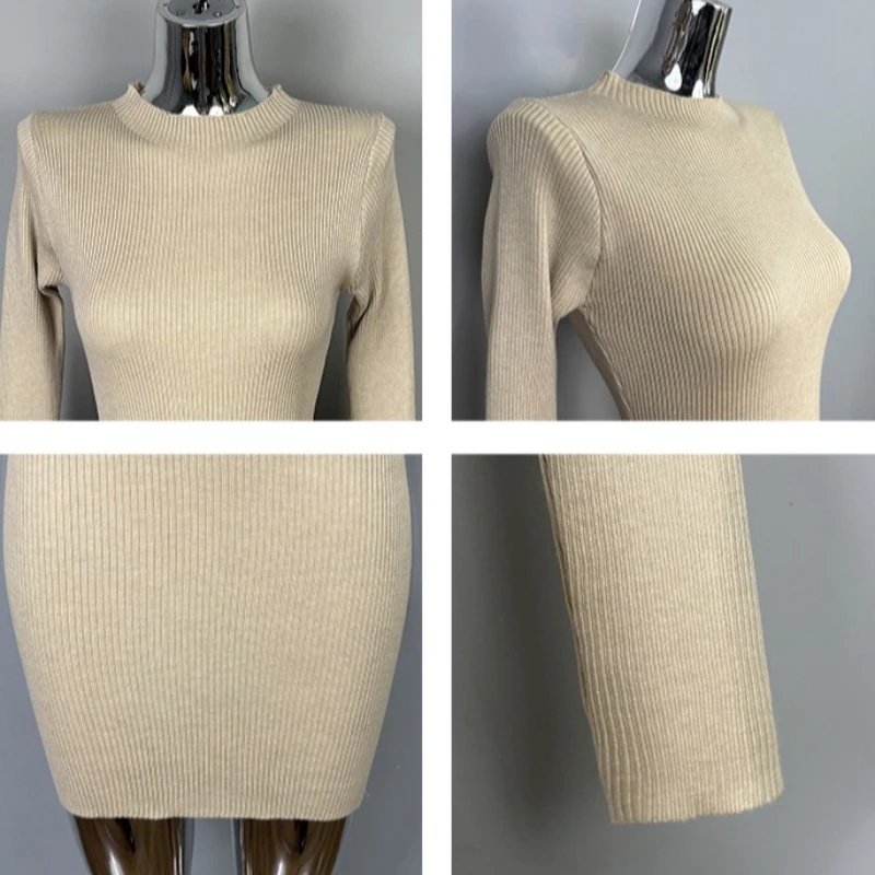 2025 الخريف الشتاء فستان سترة صغيرة المرأة الياقة المدورة كم طويل الأبيض محبوك غمد تنورة طويلة مثير فساتين أنيقة #6