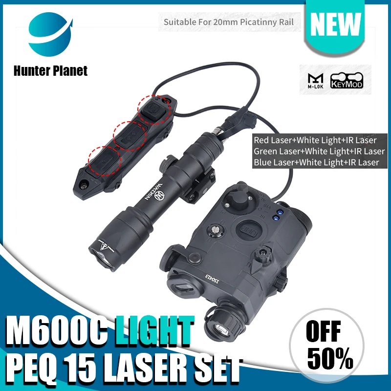 

WADSN PEQ 15 Airsoft Red Green Blue Powerful Laser Dot IR Indicator Surefir M600 M600C Tactical Flashlight Dual Control Switch