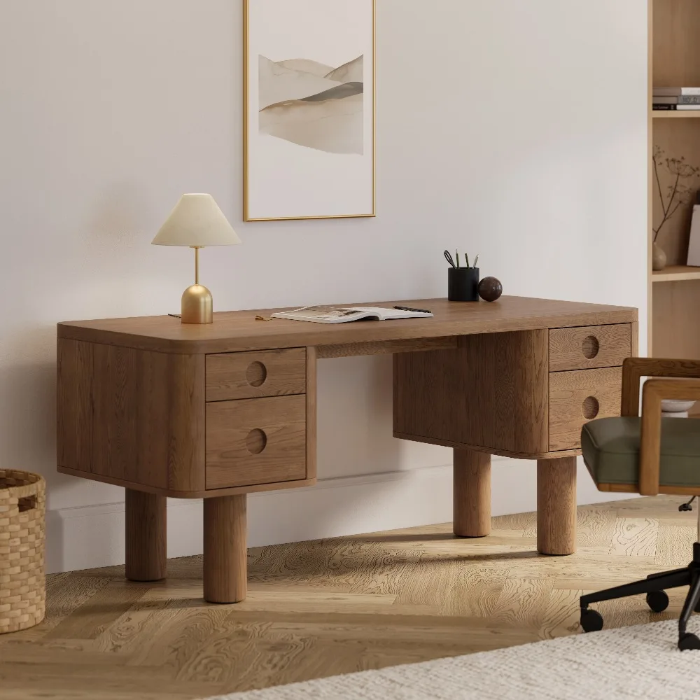 Handcrafted medieval-style brown oak desk, 66.5-inch round four-drawer computer desk, sustainable executive office workstation