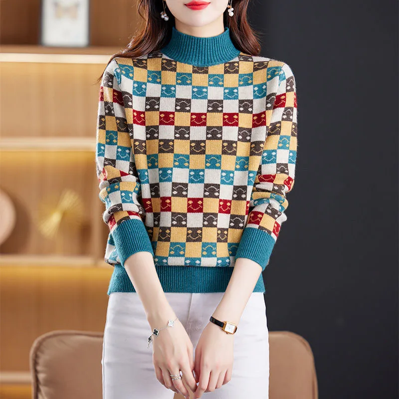 New Autumn/Winter Fashion Color Block Checker Half High Neck Loose and Versatile Western Commuter Middle Aged Mom\'s Sweater