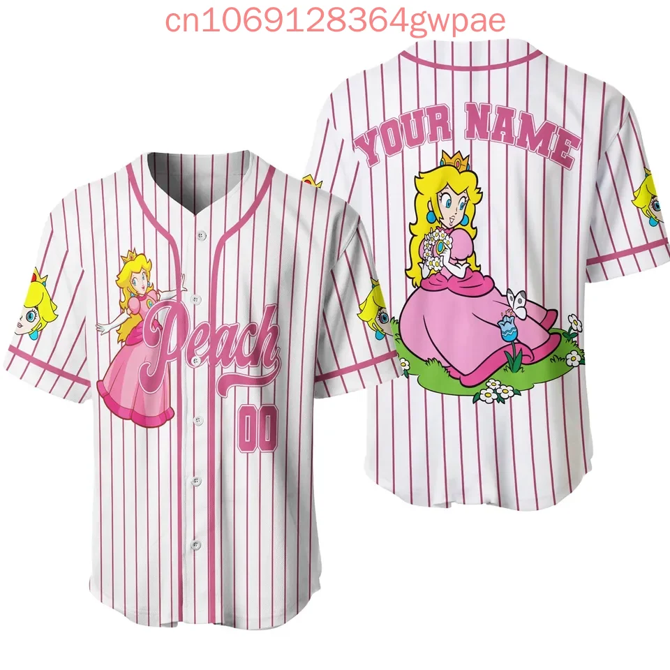

Новый бейсбольный трикотаж Super Mario Princess Peach для мужчин, женщин и детей, рубашка с короткими рукавами, летние повседневные спортивные трикотажные изделия, уличная одежда, топы