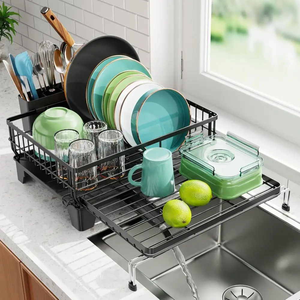 

Большая сушилка для посуды 2-в-1 или подставка для кухонной столешницы с поддоном и отсеками для кастрюль, антикоррозийная сушилка для посуды над раковиной, 12,6 x 22,4 x 16,7 дюймов