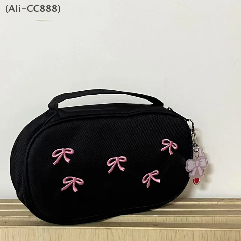 〔CC88〕Sweet Bow Cute Girly Heart Tote Embroidery Cosmetic Bag，Makeup Brush Storage Bag with Zipper