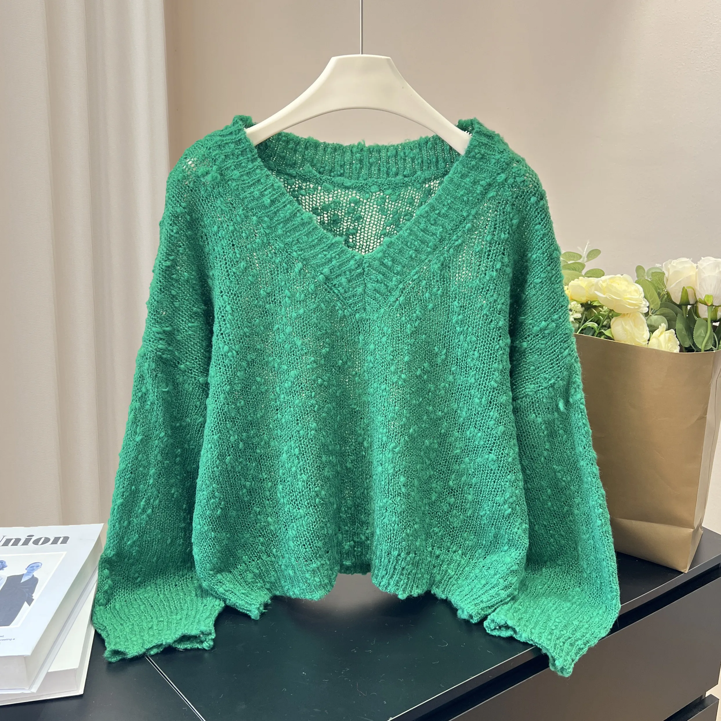 Korean Style V-Neck Knitted Sweater Women's Loose Slimming Base Shirt Early Autumn New Style Fashionable Top