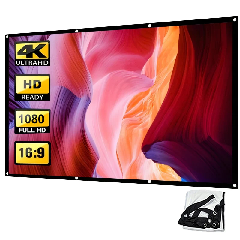 150인치 16:9 양면 투사 기능을 갖춘 간편한 휴대용 스크린 프로젝터로, 실내외 및 홈시어터에 적합합니다.