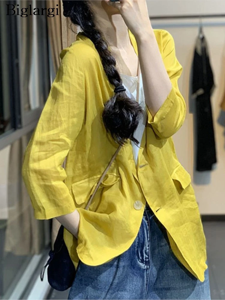 Abrigo de lino para mujer, chaqueta holgada informal a la moda para mujer, trajes de manga corta para mujer, nuevos abrigos Blazer