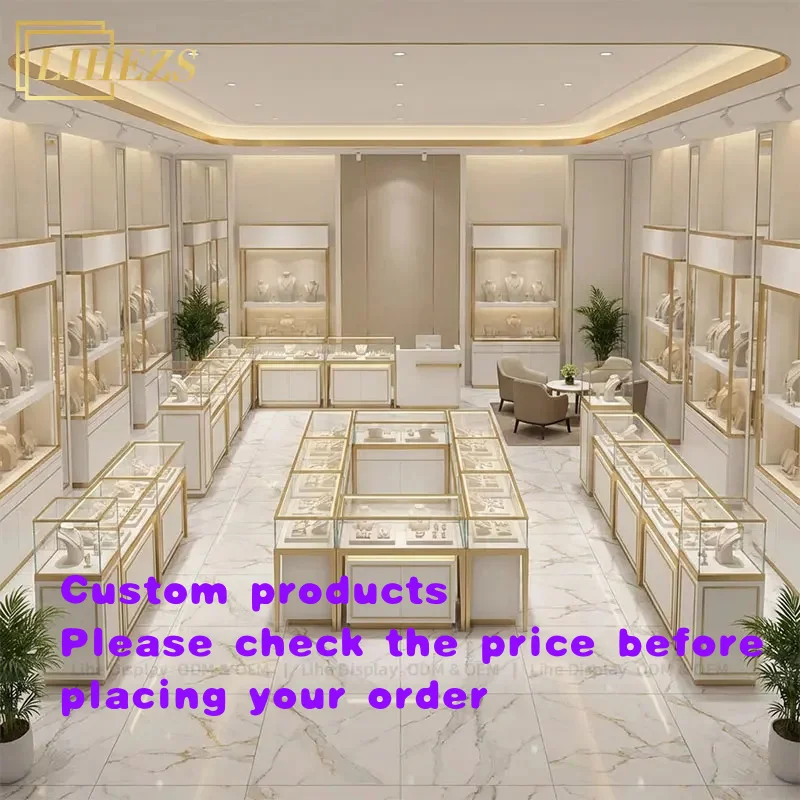 custom.Luxury Jewelry Shop Interior Design Ideas with LED Lighting Jewellery Display Island and Watch Backwall Counter