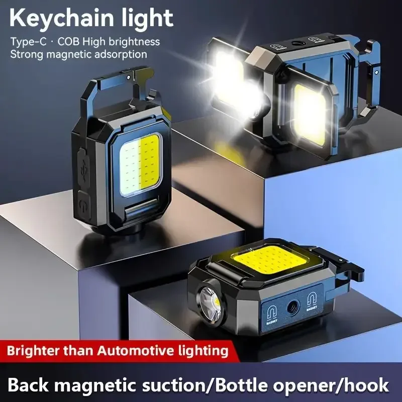 COB LED Flashlight 90° Rotate Multifunctional XPE 5 Modes Keychain Work Light Portable Camping Lantern USB Charging for Outdoor