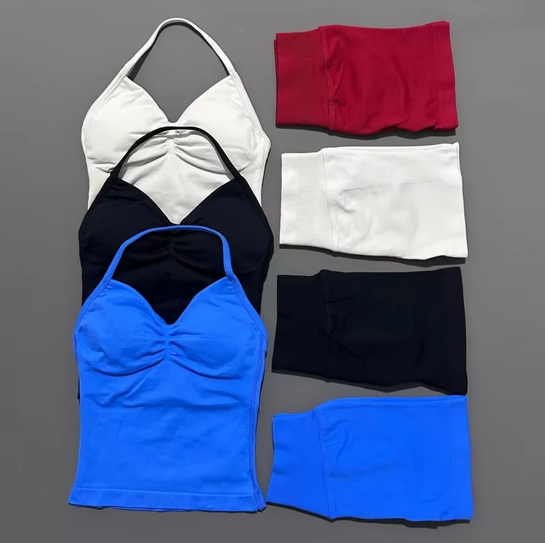Terno de fitness de impacto de 2 peças feminino halter colete cintura alta sem costura shorts terno de fitness roupas esportivas terno de treino
