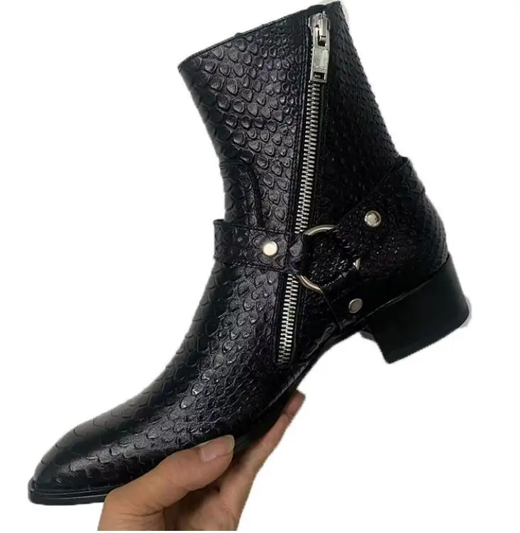 

British Black Python Cow Leather Clasp Buckle Belt Ankle Boots Men Snake Pointed Toe Chunky Heel Man Chelsea Boots Hombres