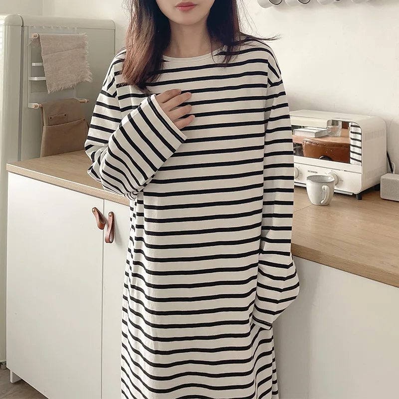 100% Cotton Maxi Dresses For Women Vintage Striped Long Sleeve Women\'S Elegant Dresses Autumn Winter Clothes