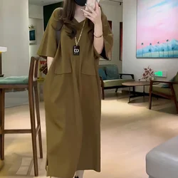 Fashion V-Neck Solid Color Spliced Pockets Loose Korean Long Dress Women's Clothing 2023 Summer New Oversized Casual Dresses