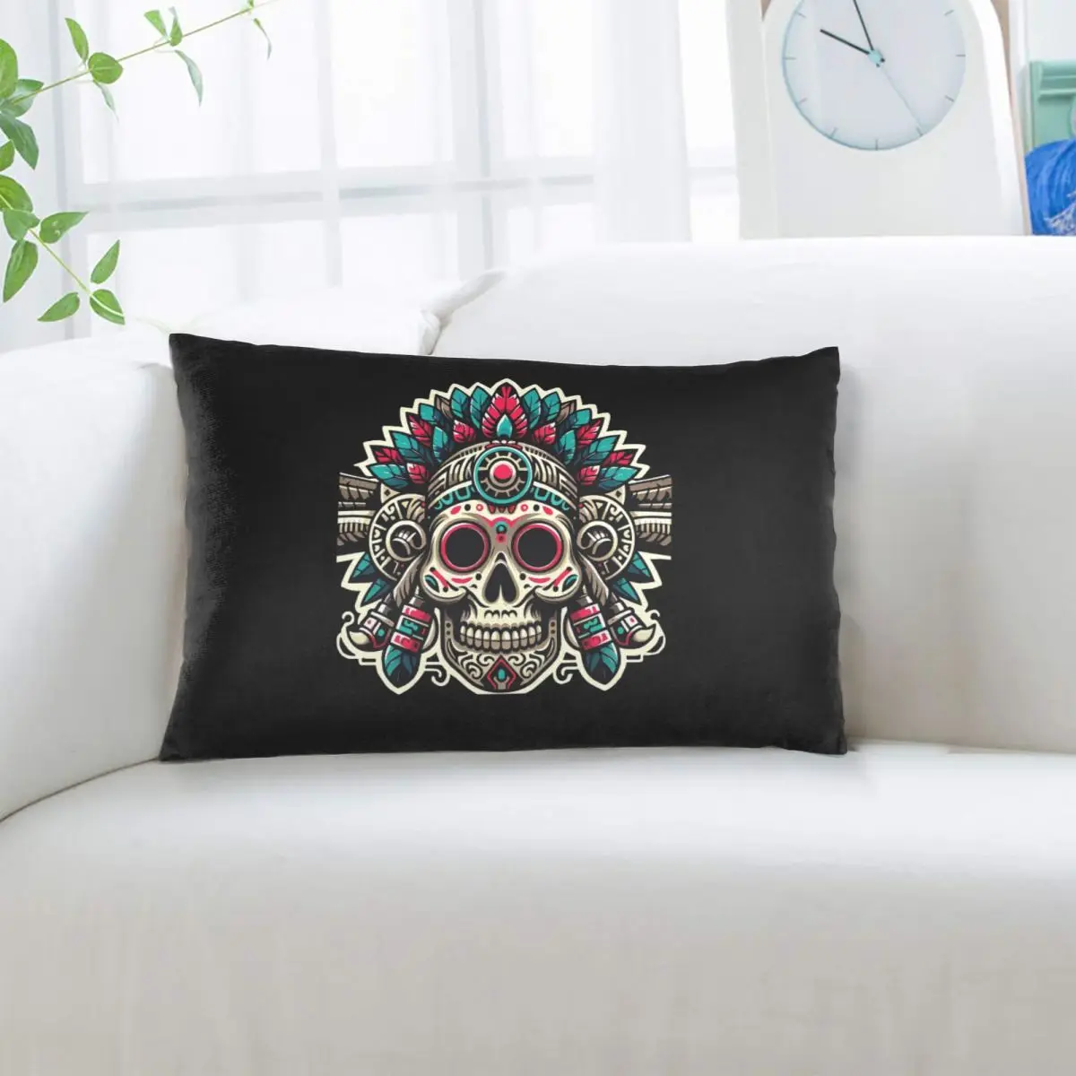 Aztec Skull With Plume Rectangle Pillowcase Cushion Cover Decorative Bedroom Bed Home Comfort Throw Pillow