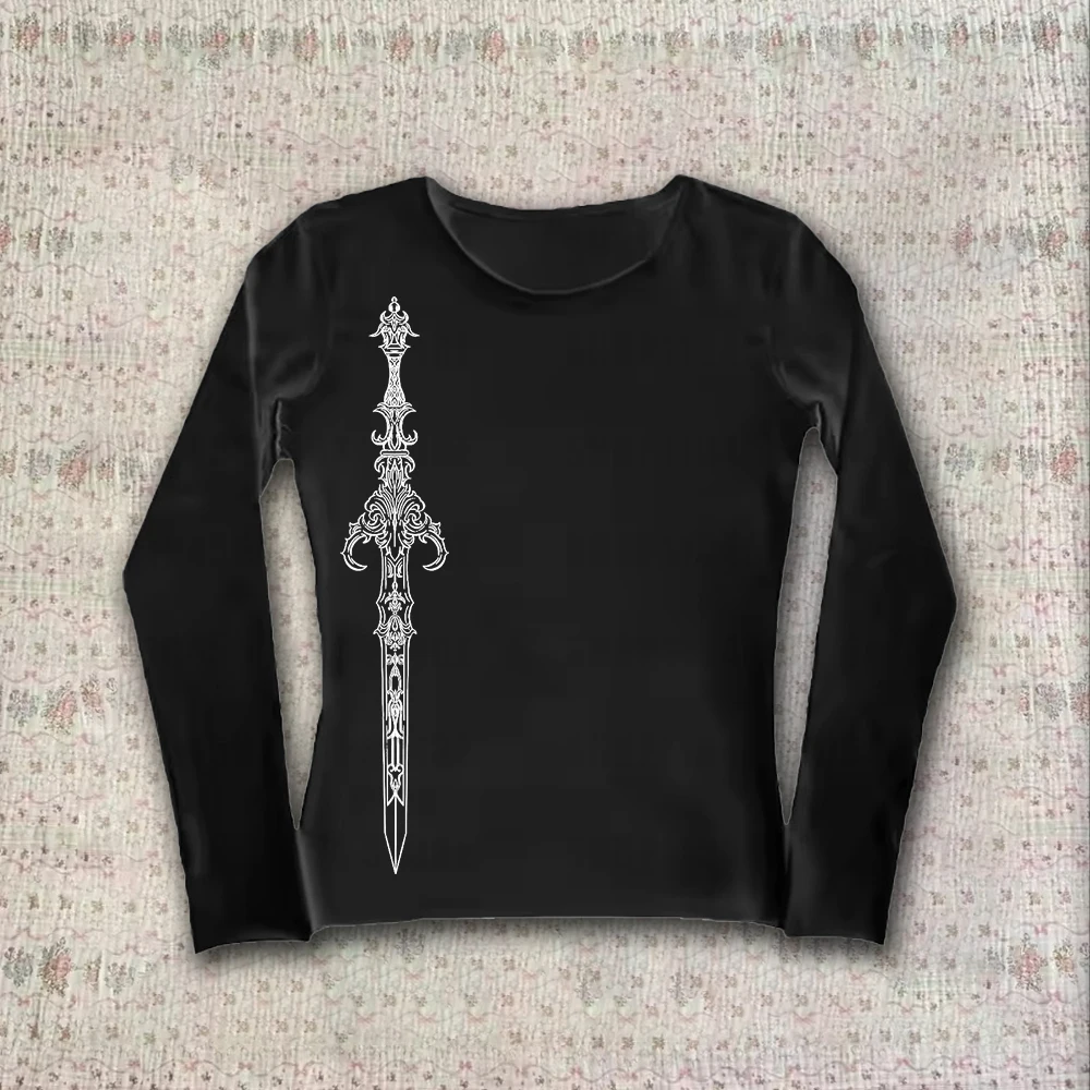 ملابس الشارع الشهير High Street Y2k بأكمام طويلة، ملابس هيب هوب روك القوطية الرجعية، نمط جمالي مطبوع، ملابس كلاسيكية بسيطة #1