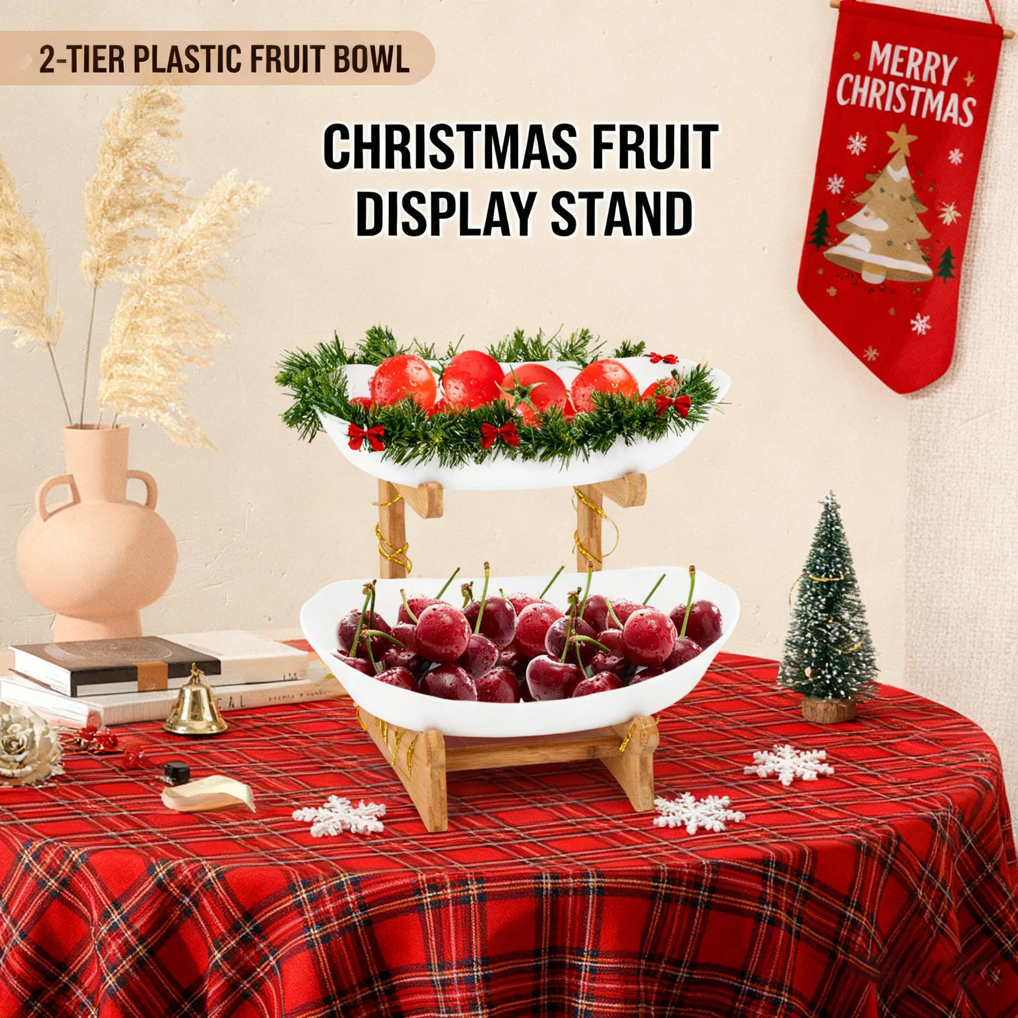 

2-уровневая бамбуковая подставка для фруктов со съемными полипропиленовыми чашами, штабелируемый кухонный органайзер для фруктов, закусок, рождественской вечеринки, компактный