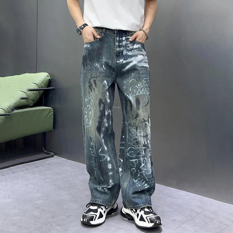 

emo clothes 2000s street letters graffiti Slim loose straight jeans trend wide-legged peplum pants men2024 new products