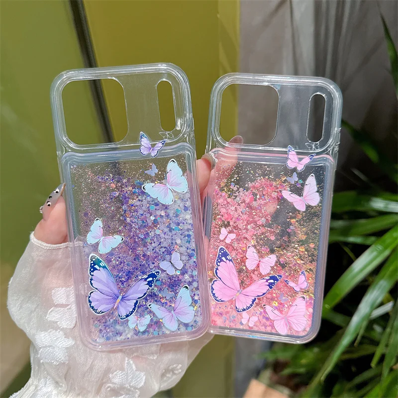 Picture 4: Butterfly Luminous Quicksand Case for iPhone 17 16 Pro Max Glowing in Dark Gloss Sand Coque Transparent Liquid Cover Funda Capas