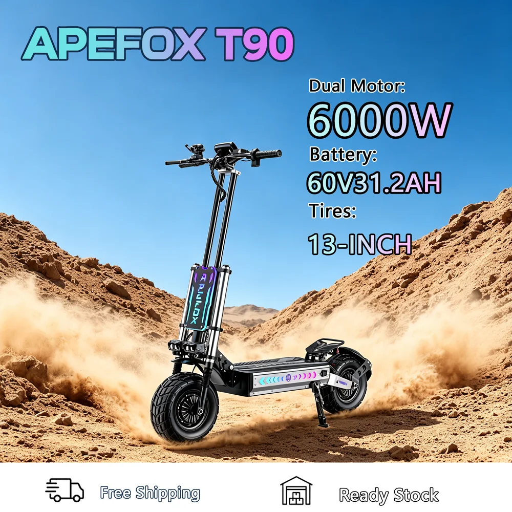 Trottinette électrique pliable APEFOX T90, 6000W, double moteur, batterie au lithium 60V31.2AH, fonction de déverrouillage NFC, pneus tout-terrain de 13 pouces, trottinette électrique de ville