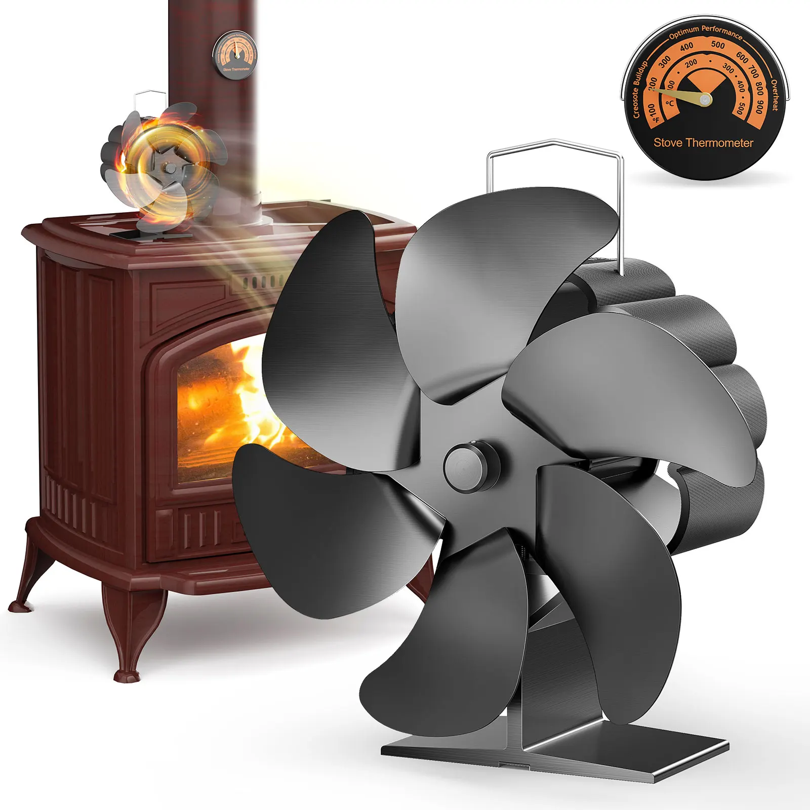 Heat Powered Stove Fan Eco Quiet Black 6 Blades Log Wood Burner Fireplace Fan Winter Warmer Home Efficient Heat Distribution