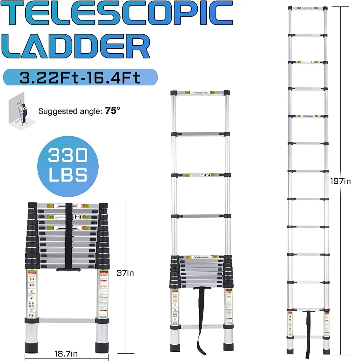 Ladder, 16.5FT RIKADE Aluminum Telescoping Ladder with Non-Slip Feet, Portable Extension Ladder for Household and Out