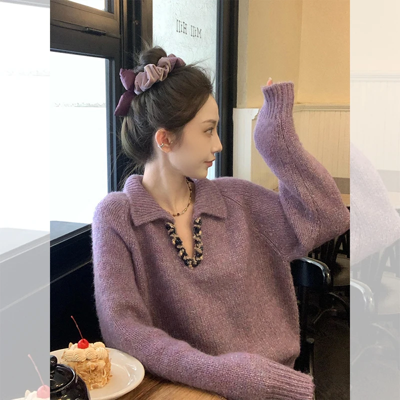 

Knitted Sweater Women Korean Sweet Polo Collar Long Sleeve Loose Fit Retro Heavy Duty Woven Sequin Winter Versatile Pullover