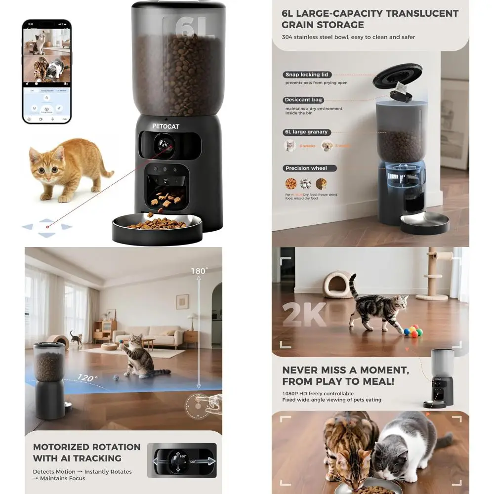 

Умная кормушка для кошек с двумя камерами 2K, Wi-Fi 5G/2,4G, дозатором 6 л, распознаванием кошек, отслеживанием диети, лазерной воспроизведением и двусторонней связью
