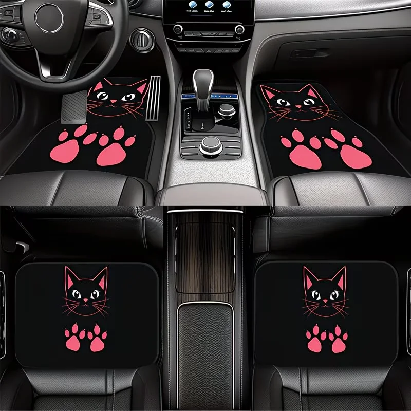 4Pcs Pink and Black Cat Paw Print Pattern Car Floor Mats, Universal Car Interior Mats, Durable Polyester Fiber, Mother's Day Gift, Suitable for All Types of Cars and Suvs, Interior Decorative Mats, Wear-Resistant and Non-Slip, Car-Specific Floor Mats, Perfect Gift for Loved Ones and Friends, Fun Design Floor Mats, High-Quality Materials, Holiday Shoppers, Truck Owners