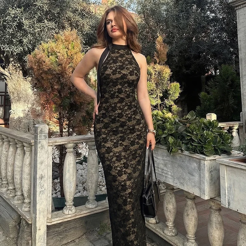 Tornova-Vestido largo de encaje Jacquard con cuello Halter para mujer, ropa de calle con Espalda descubierta, vestido de cintura alta, Sexy, ajustado, ropa de fiesta para discoteca 2026