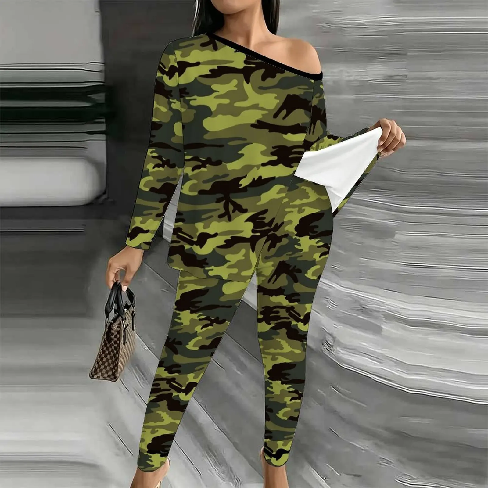 Winter Women's Diagonal Collar Long Sleeved Off Shoulder T-shirt Autumn Elegant Two-piece Set Fashion Printed Jogging Pants