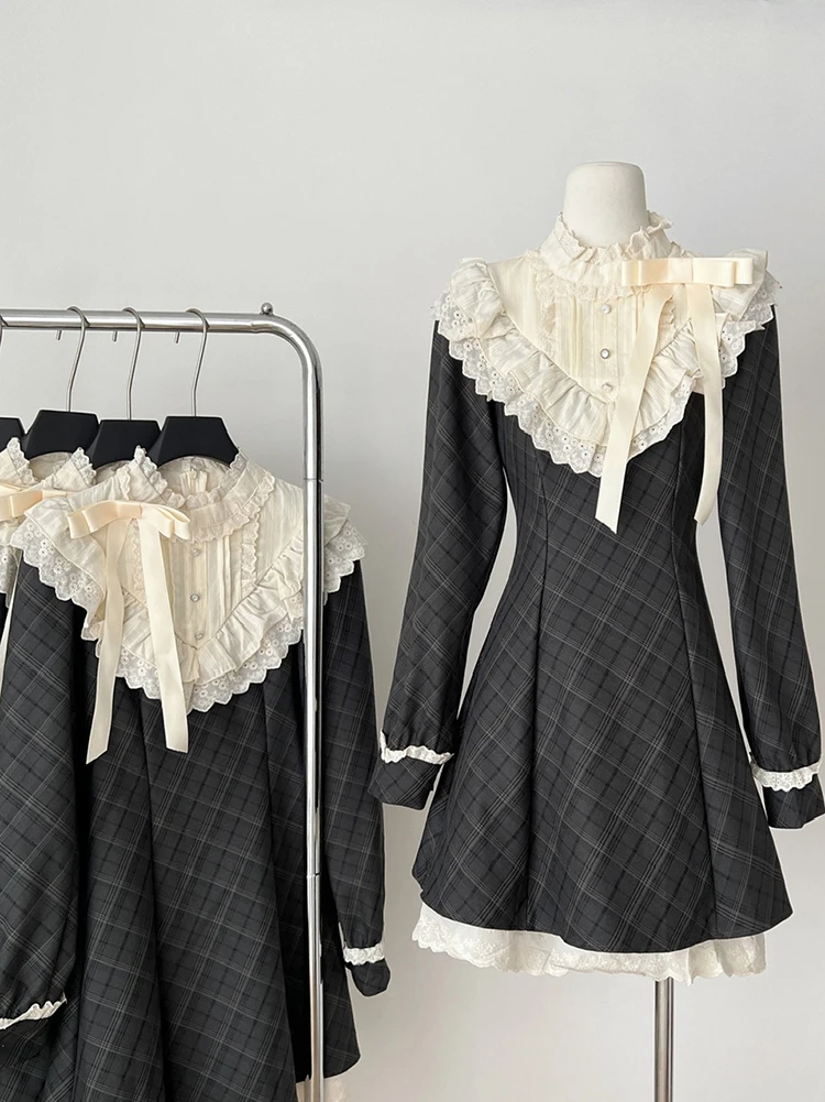 Französisch stil retro karierten spitze rand geraffte taille abnehmen temperament kleid frauen herbst neue elegante süße kurzen rock