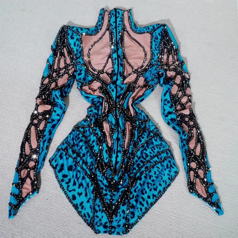 Glitzer bedruckter Langarm-Body mit Strasssteinen, blauer Pole-Dance-Trikot, Drag-Queen-Outfits, Party, Geburtstag, Club, Feiern Sie die Bühne