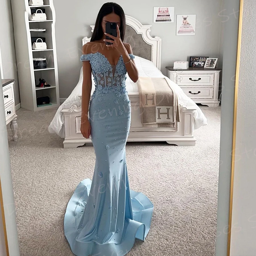 Sexy Elegante Blauwe Zeemeermin Mooie Damesavondjurken Moderne Off-Shoulder Prom Jurken Appliques Kralen Vestido De Noche