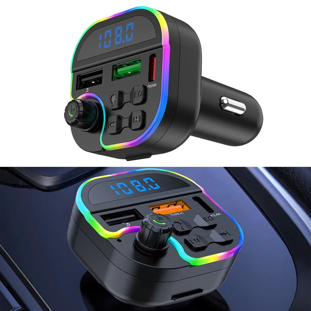 Car  FM Transmitter Adapter Blue Tooth MP3 Player Hand-free Calling USB Card Playback Auto 2USB+PD Fast Charger Atmosphere Light