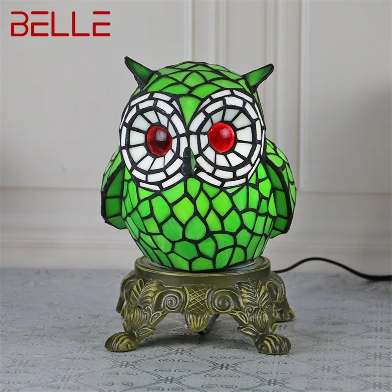 BELLE Tiffany Glass Table Lamp LED Cartoon Creative Owl Desk Light Fashion Decor For Home Children's Bedroom Bedside