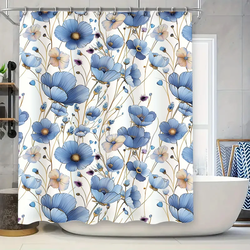 

Blue Floral Bath Curtain Elegant Stylish Shower Decor Waterproof Fabric for Bathroom Accessories Perfect Gift Idea