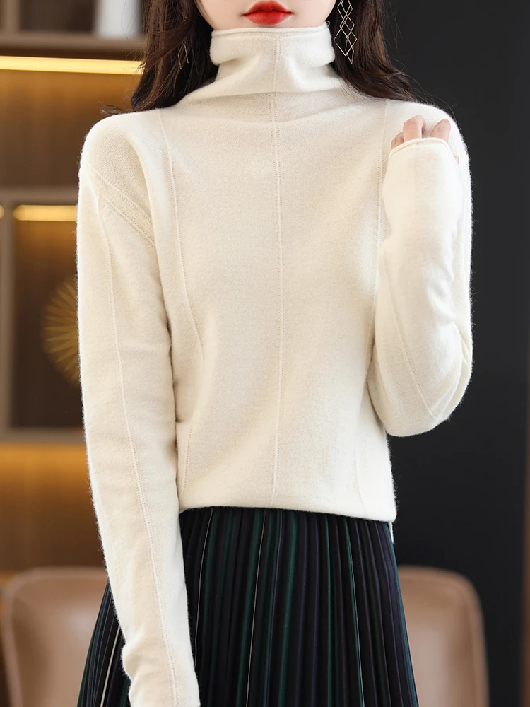 100% Merino Wool Knitwear Women Turtleneck Pullover Sweater Autumn Winter Basic Soft Warm Bottoms Female Clothing Tops