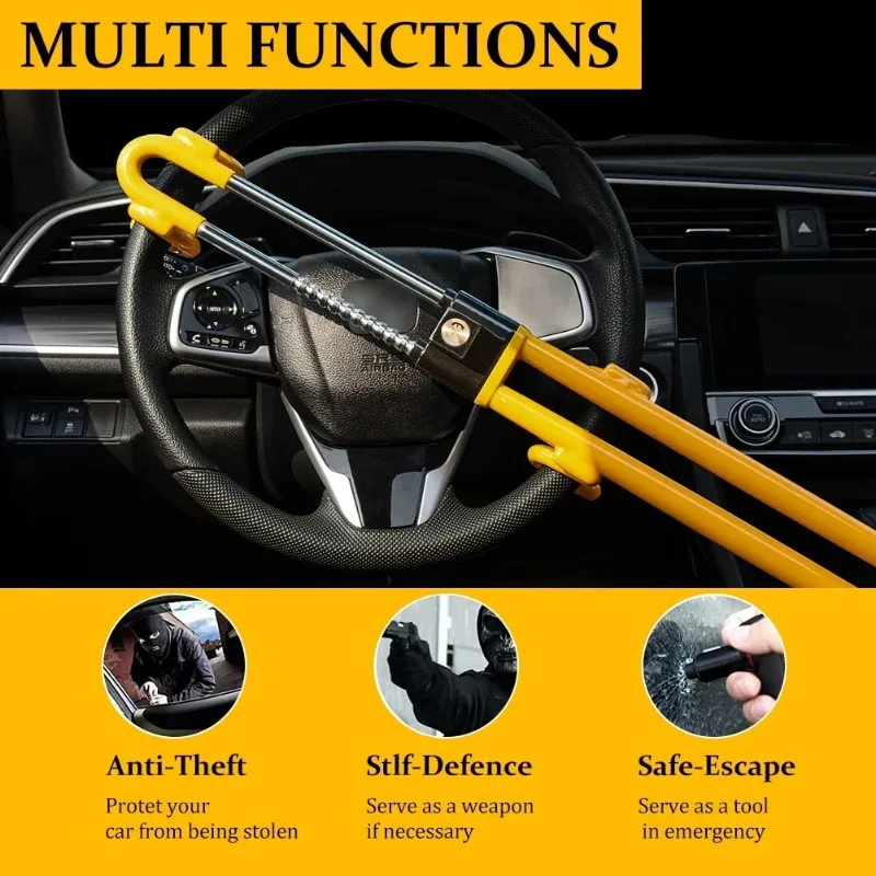 Vehicle Anti-Theft Security Lock with Adjustable Length Clamp Double Hook Locks, Heavy Duty Steering Wheel Lock for Car Van