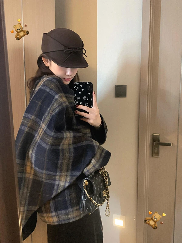 

Korean Sle Double-Sided Woolen Plaid Cloak Coat Women's Autumn Winter New Gentle Wind Asymmetrical Coat Lady's ort Outerwear