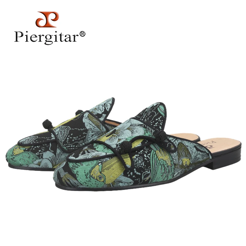 Piergitar Chinese Retro Style Wood And Bird Patterns Silk Men's Mules Wear For Casual Or Party Black Balls Buttons Monk Slippers