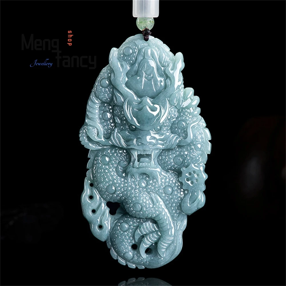 Natural A-grade Jadeite Blue Water Zodiac Divine Dragon Guardian Pendant Double-sided Engraving High-grade Retro Fashion Jewelry