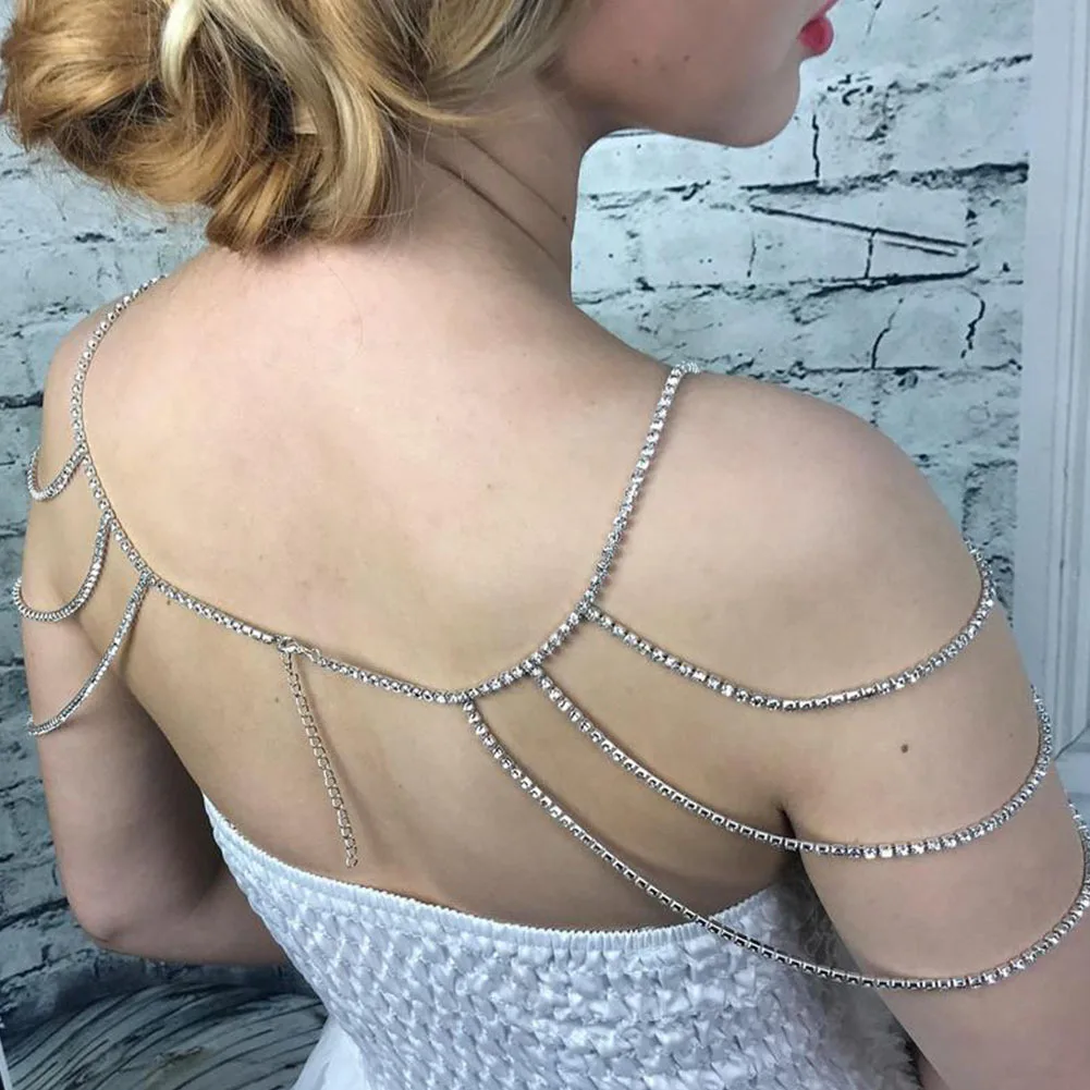 Arnés de hombro con diamantes de imitación plateados, cadena corporal con flecos y borlas, joyería de sujetador, cadena de brazo de boda para mujeres y niñas