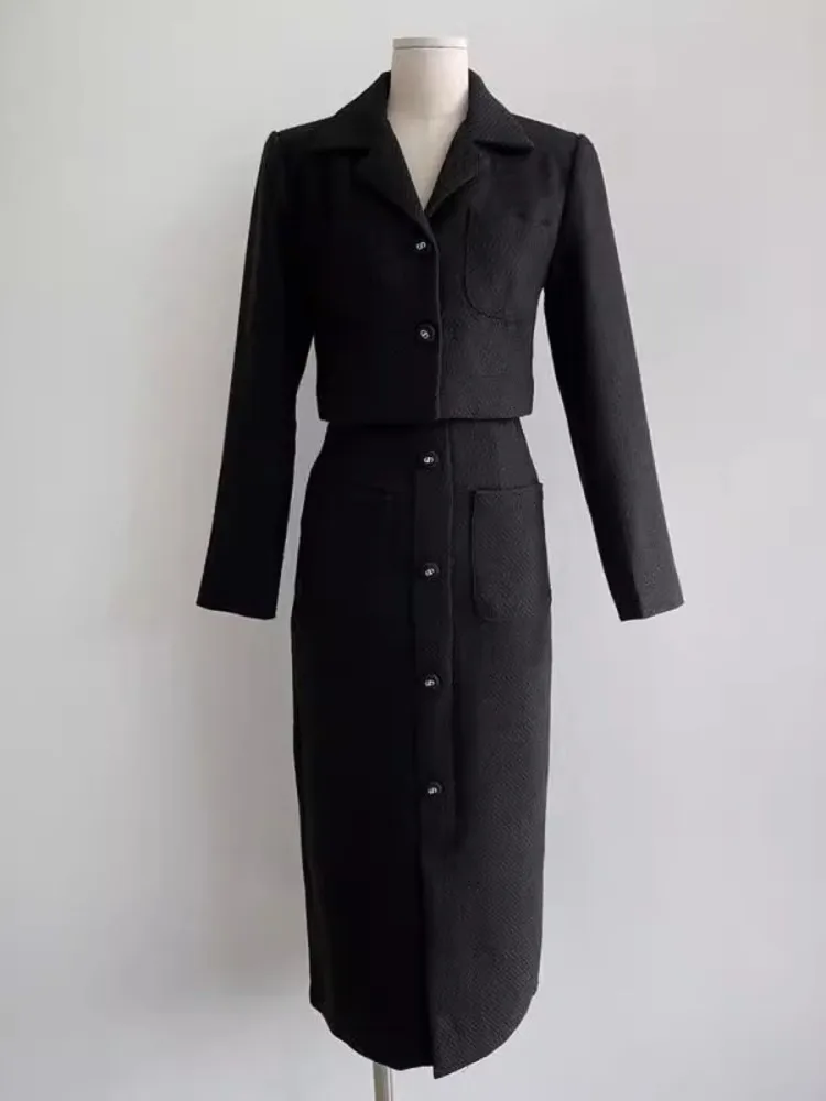 2024Autumn New Chic Vintage Elegant Women Suit Jacket Skirt Single-Breasted Short Coat High Waist Long Hip Tweed Split Skirt Set