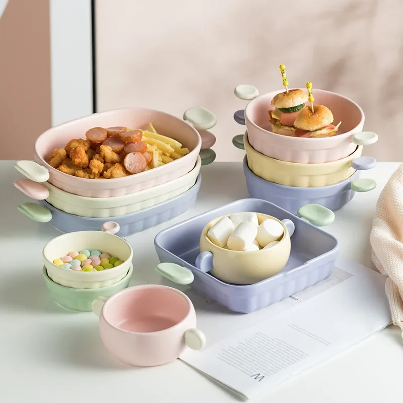 New Le Le Kou Bakery Plate, Double Ear Plate, Vegetable Plate, Home Creative Ceramic Dining , Breakfast Plate