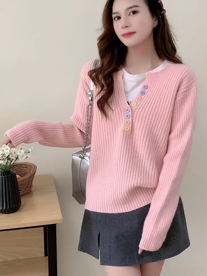   Bouton Long Sve Pull tricoté Femme Printemps Automne Hiver Nouveau Sle Design coréen Sensation Vent doux Anti-agi...