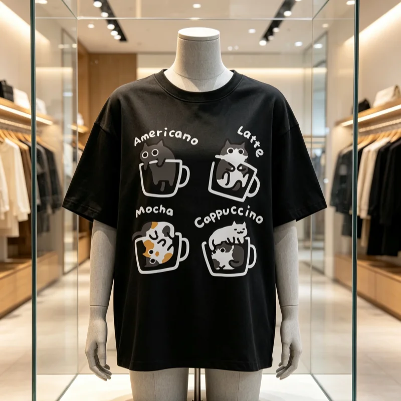 2026 New Fashion Cat Coffee Trendy Summer  Short Sleeved T-shirt Men Women Original Mocha Latte Cat Three Flowers Fun Cat Tee