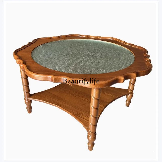 

American rural solid wood round coffee table living room simple small apartment light luxury