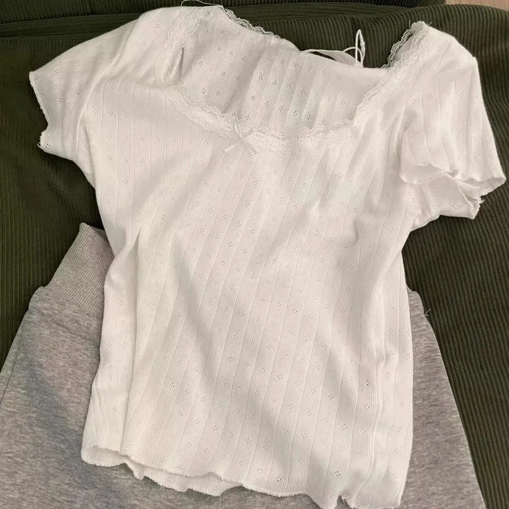 Bottoming Shirt Short Sleeve Slim Fit Crop Top Ruffle Ins Summer T-shirt Women Sweet Lace Bow T-shirt Streetwear