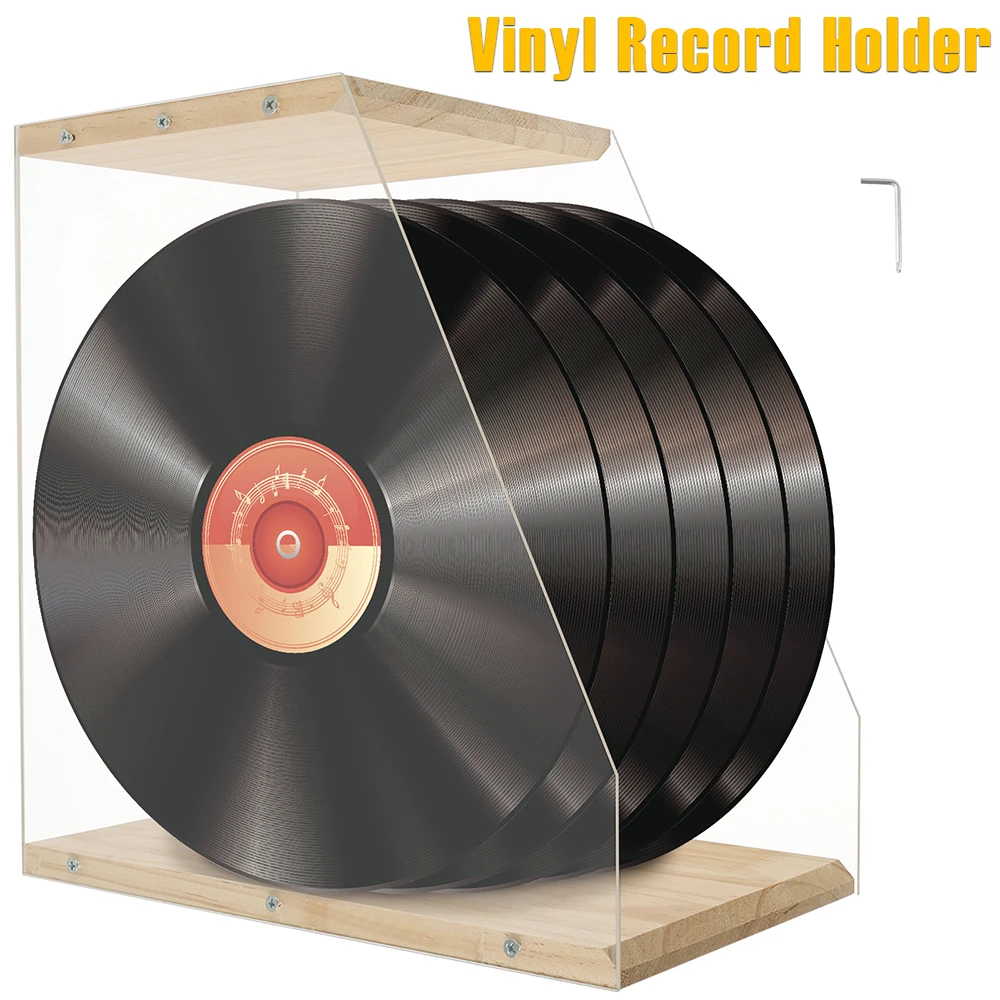 Vinyl-Schallplattenhalter, Bücherregal aus Holz, transparentes Acryl, halboffenes Design, Kassetten-Schallplattenständer, Desktop-Aufbewahrungsregal