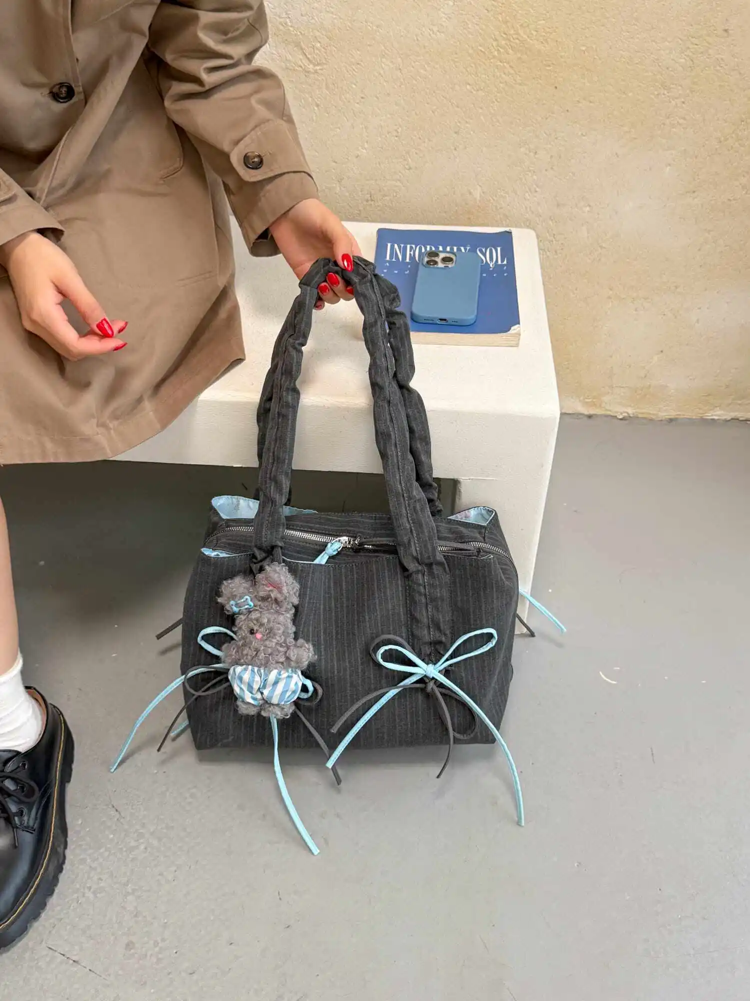 Multi Layer Bow Y2K Women's Shoulder Bag Large Capacity Fashionable Gray Striped Tote Bag Korean Style Casual Handbag New